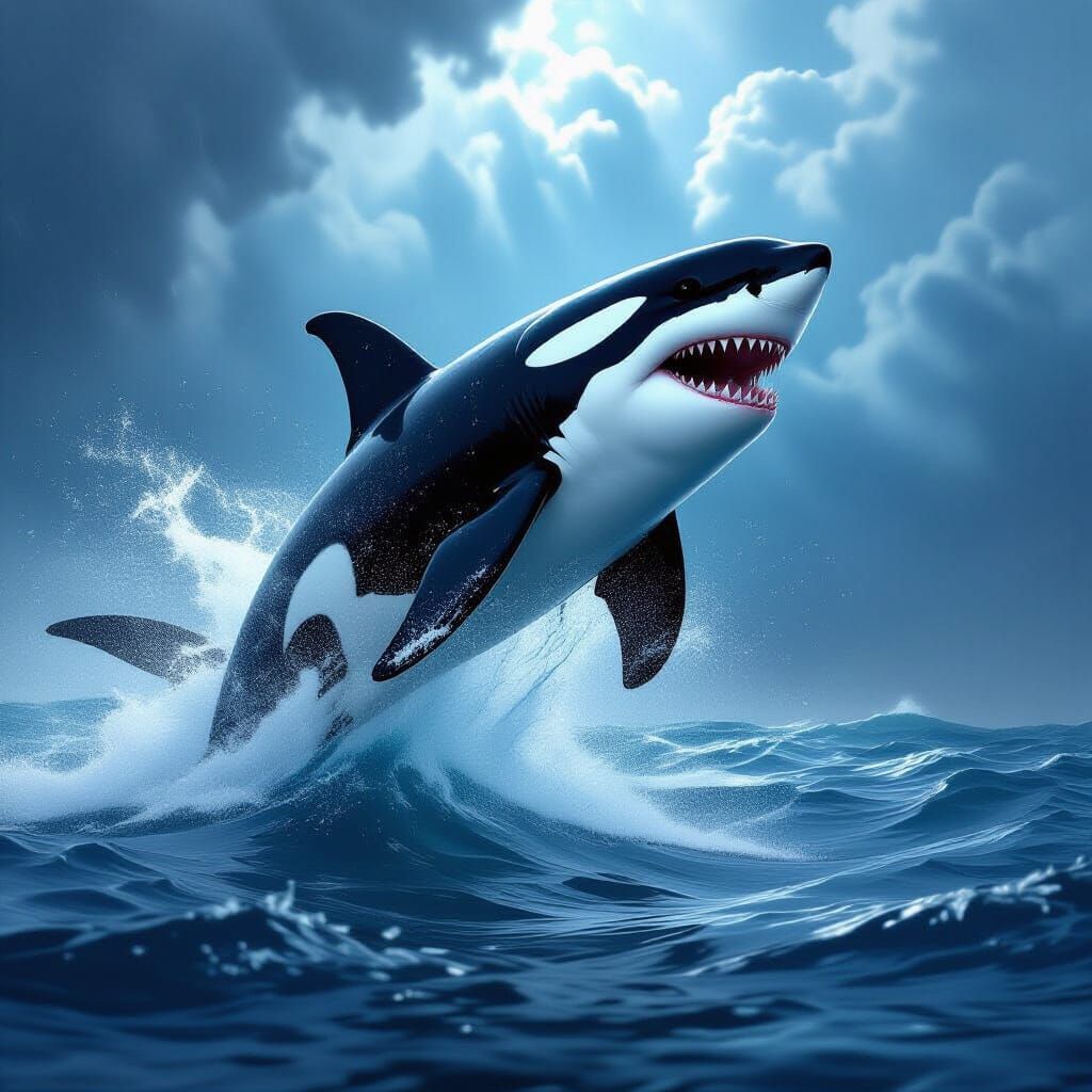 Shark-Orca Hybrid Breaching Stormy Ocean in Dark Fantasy Sty...