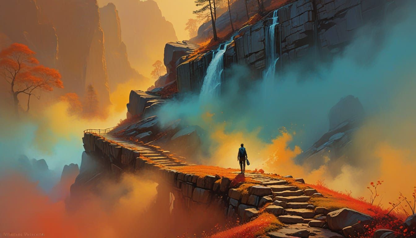 Vivid Colored Mist Descends on a Secluded Forest Path