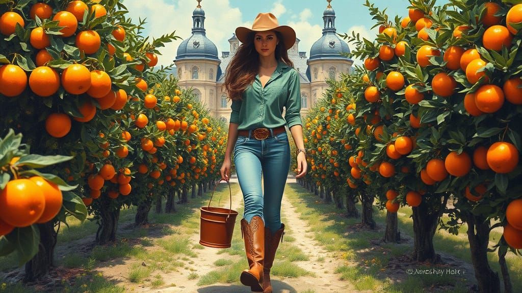 Woman in Orange Grove: Ethereal Cinematic Fantasy