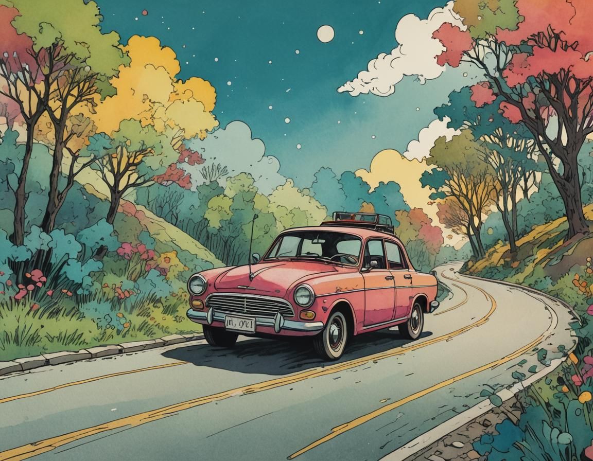 Whimsical Ink Poster of a Self-Driving Car