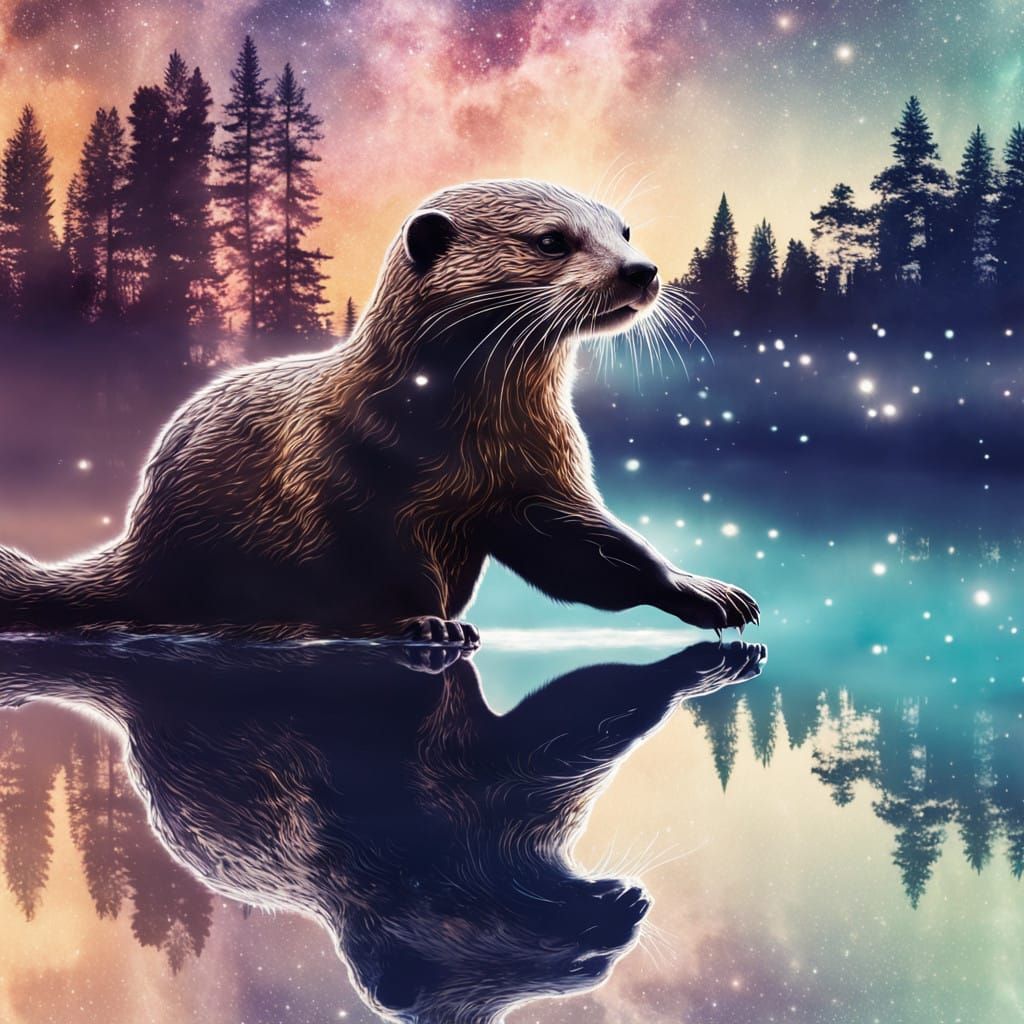 Galactic Otter Silhouette Shines Under Nighttime Lake