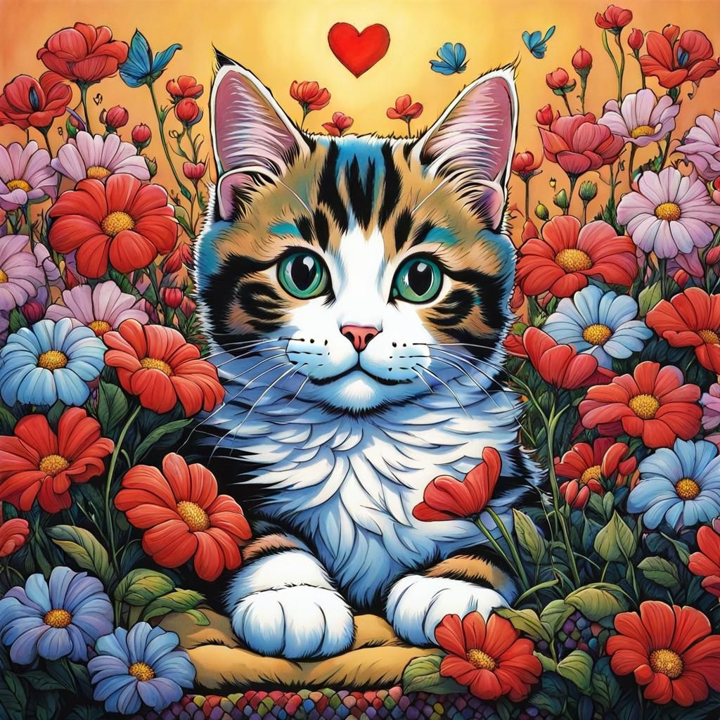 Cute Cat Surrounded by Flowers in Detailed Style