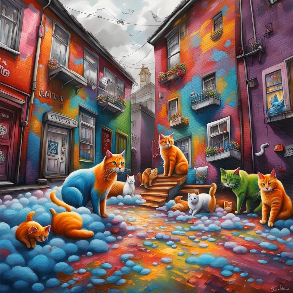 Cotton Wool Model Town with Cats in Street Art Style