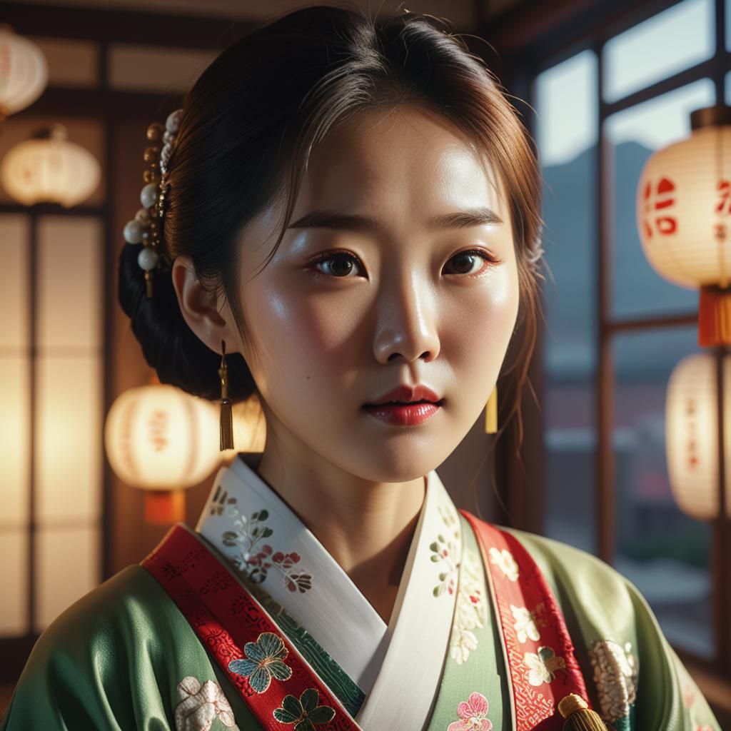 Beautiful Asian Woman in Traditional Korean Dress
