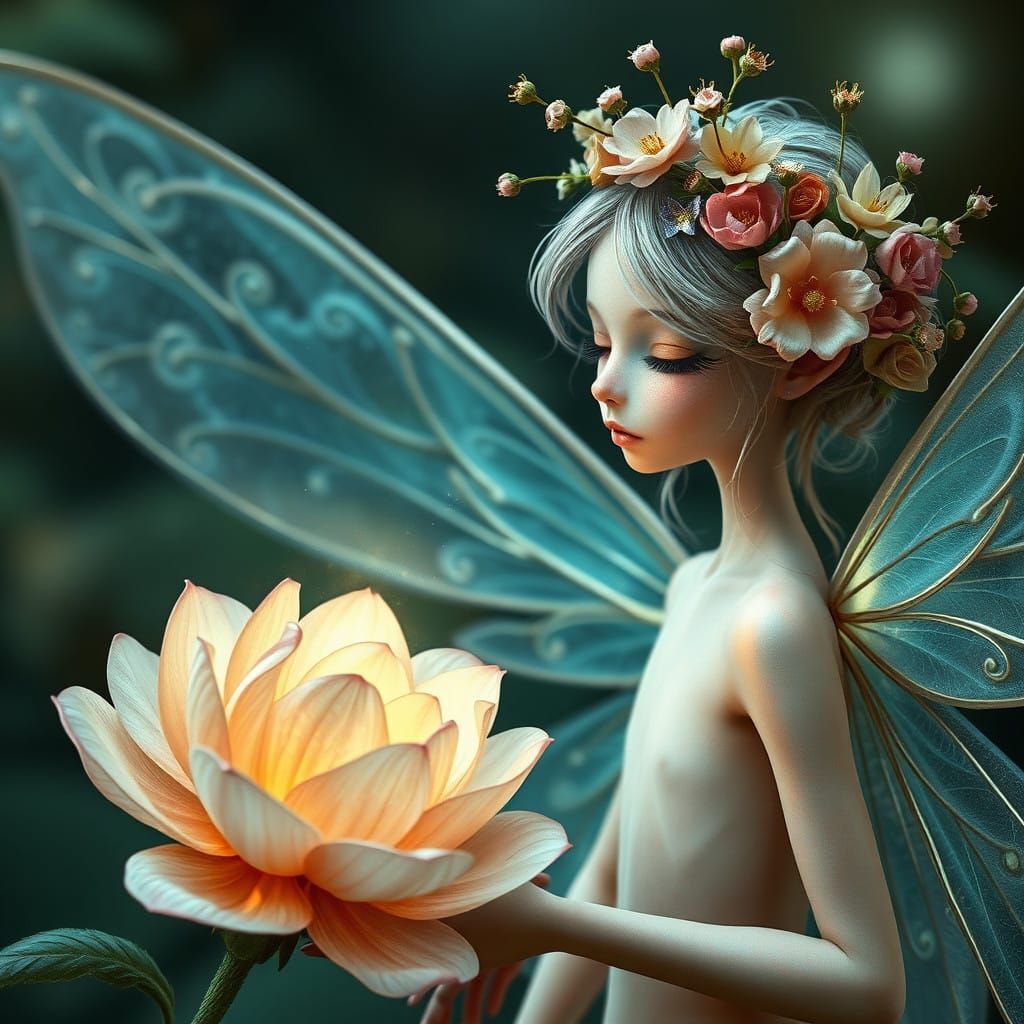 Ethereal Fairy in Floral Wreath, Serene in Lunar Glow