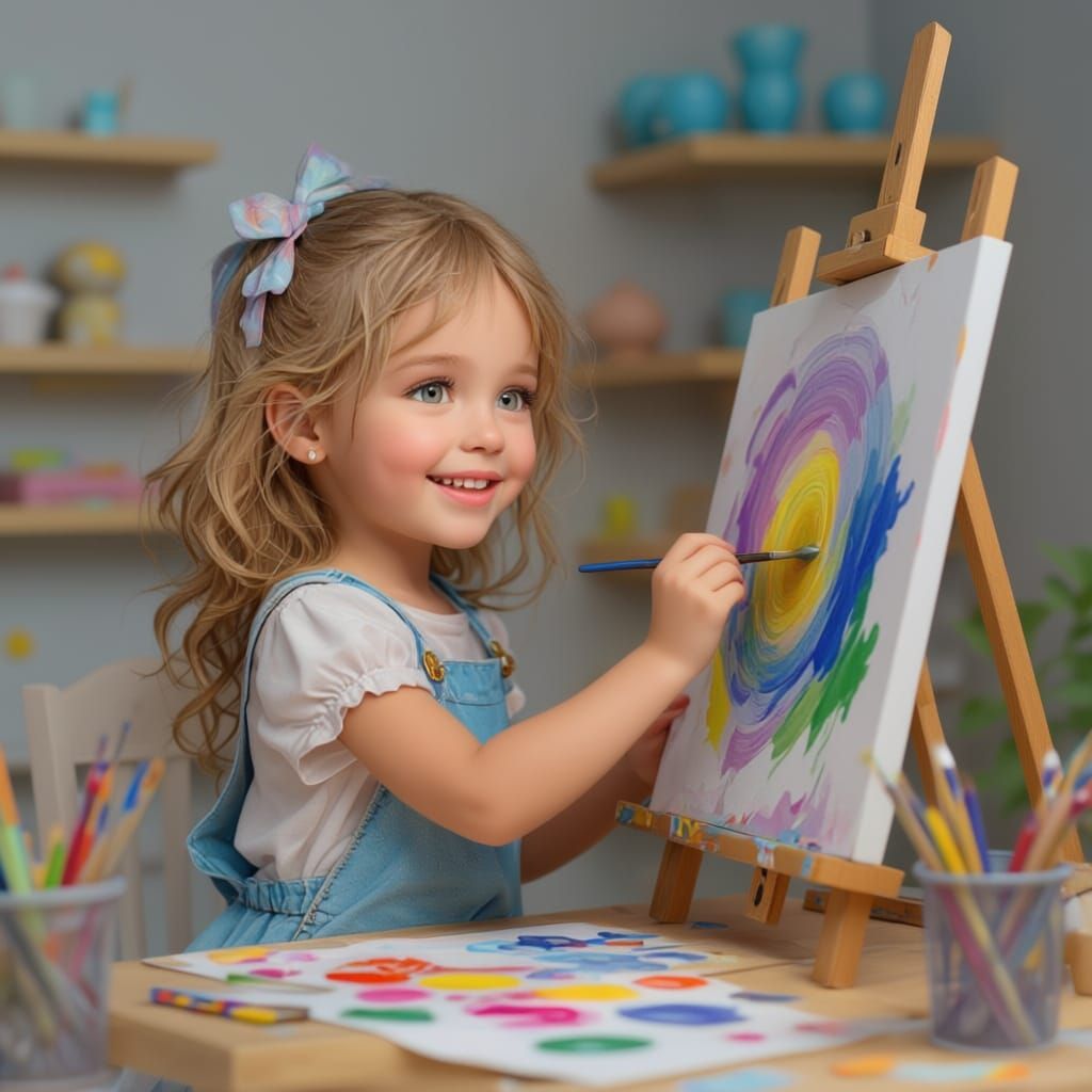 Young Girl Painting Joyfully in Light Tones