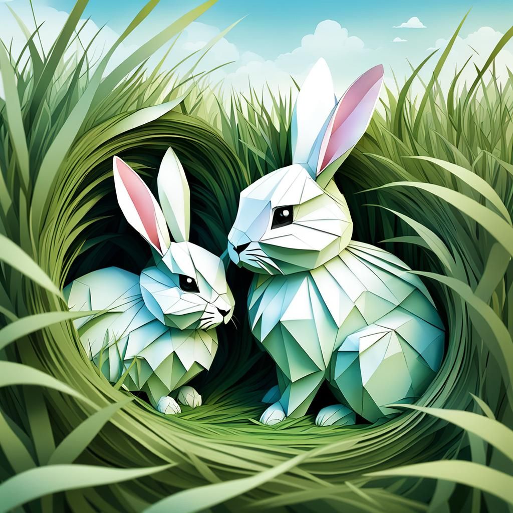 Watercolor Rabbits in Tall Grass Storybook Style