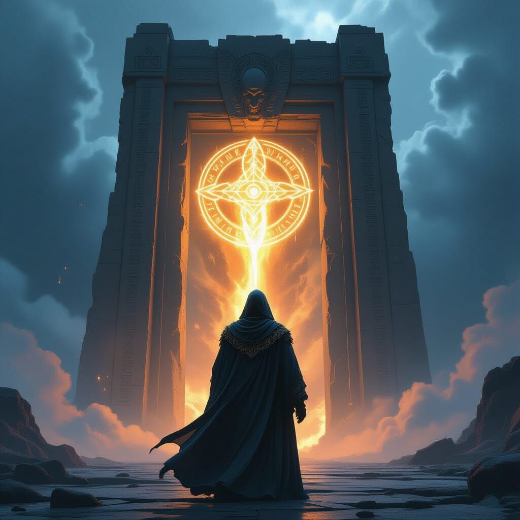 Ancient Guardian at Stone Portal with Glowing Runes