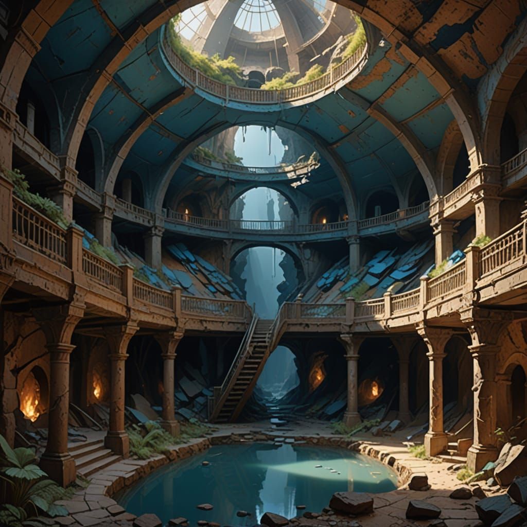 Impasto Gouache Cavern with Balconies and Radial Corridors