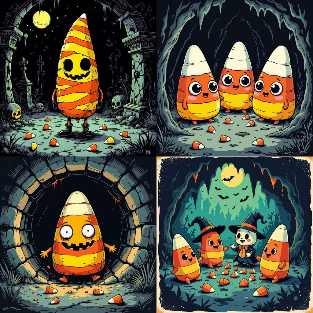 Candy Corn Character in Tim Burton Comic Art Style