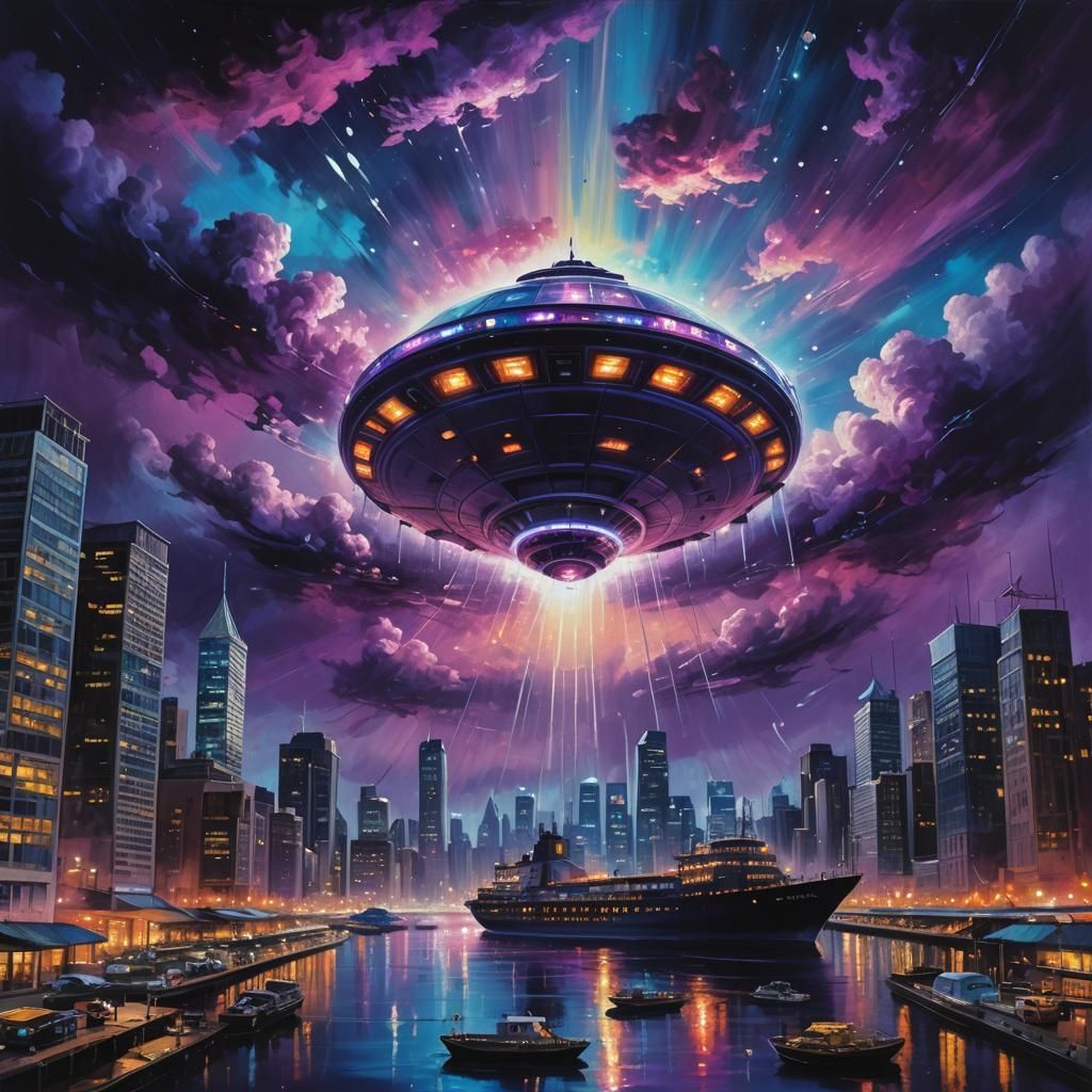 UFO in Night Sky: Surrealist Oil Painting