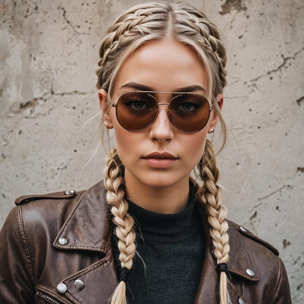 Blonde Girl with Braids, Eyepatch and Leather Jacket