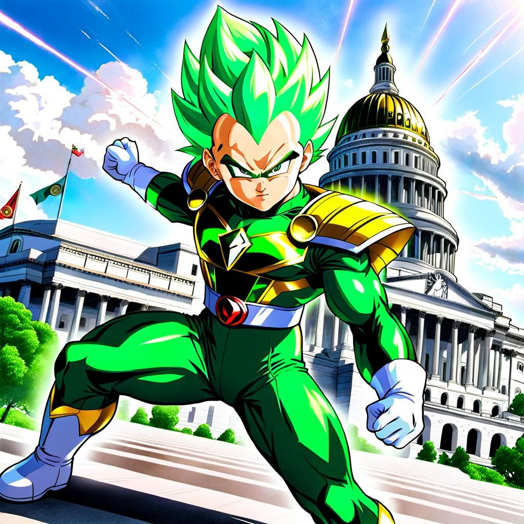 Vegeta as Green Power Ranger in Cityscape
