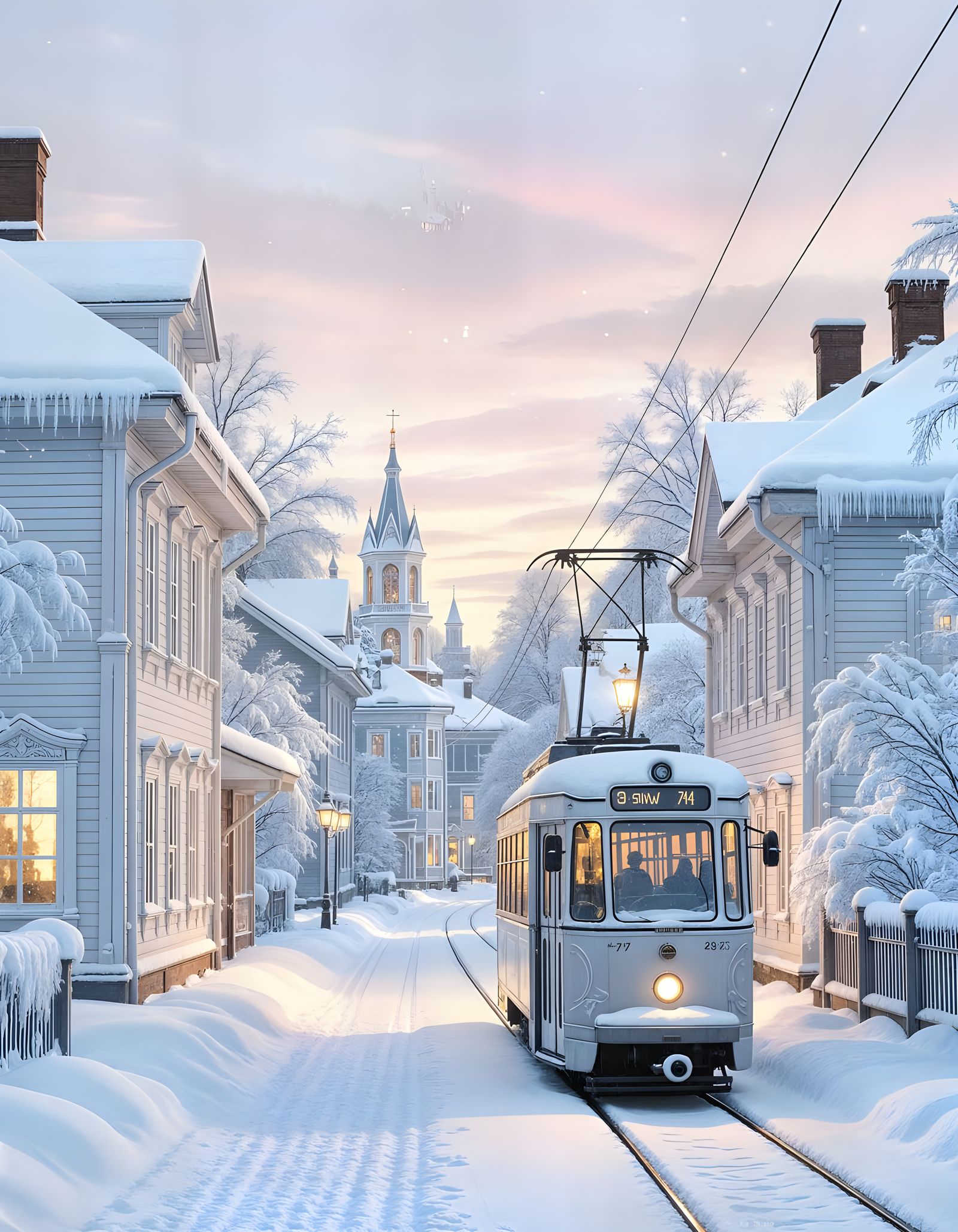 Elegant Snowy Street Scene at Sunrise with Retro Tram