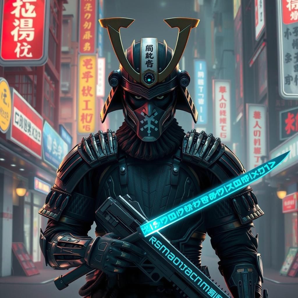 Cyberpunk Ronin with Oni Mask and Future Armor