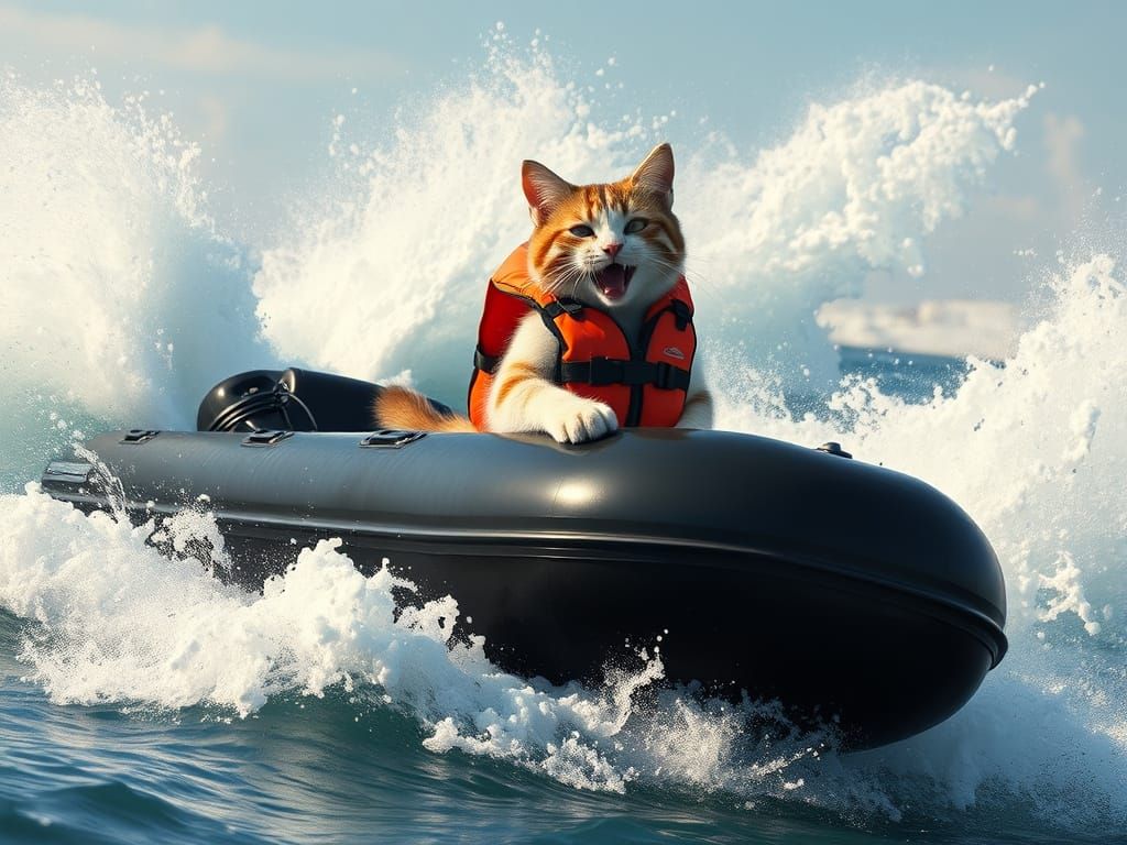 Joyful Cat on Speedboat in Hyperrealistic Style