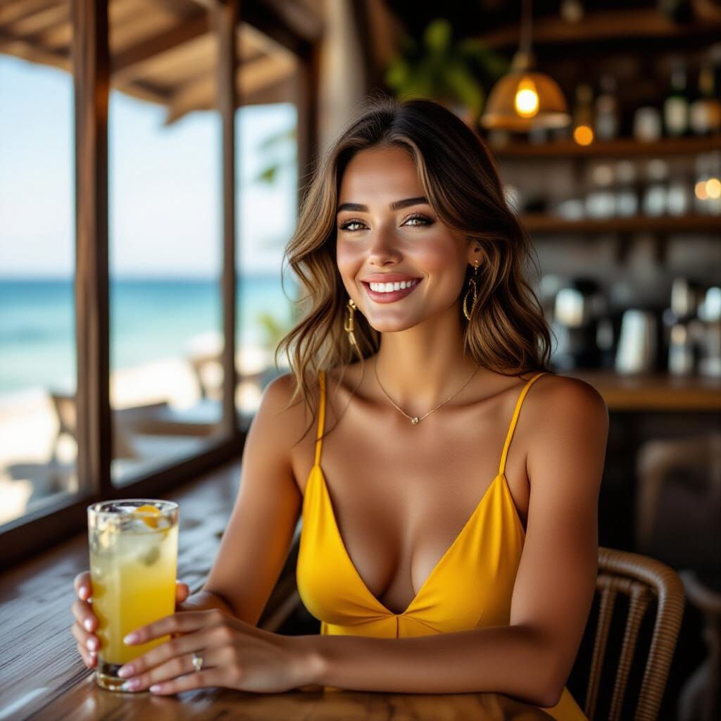 Woman in Yellow Bikini Enjoys Margarita at Beach Bar