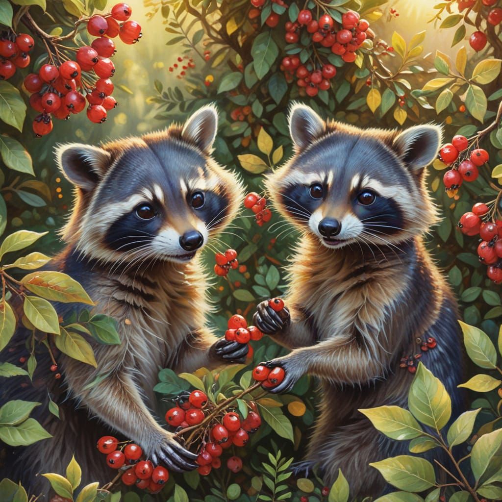 Mischievous Raccoons Stealing Berries in Watercolor