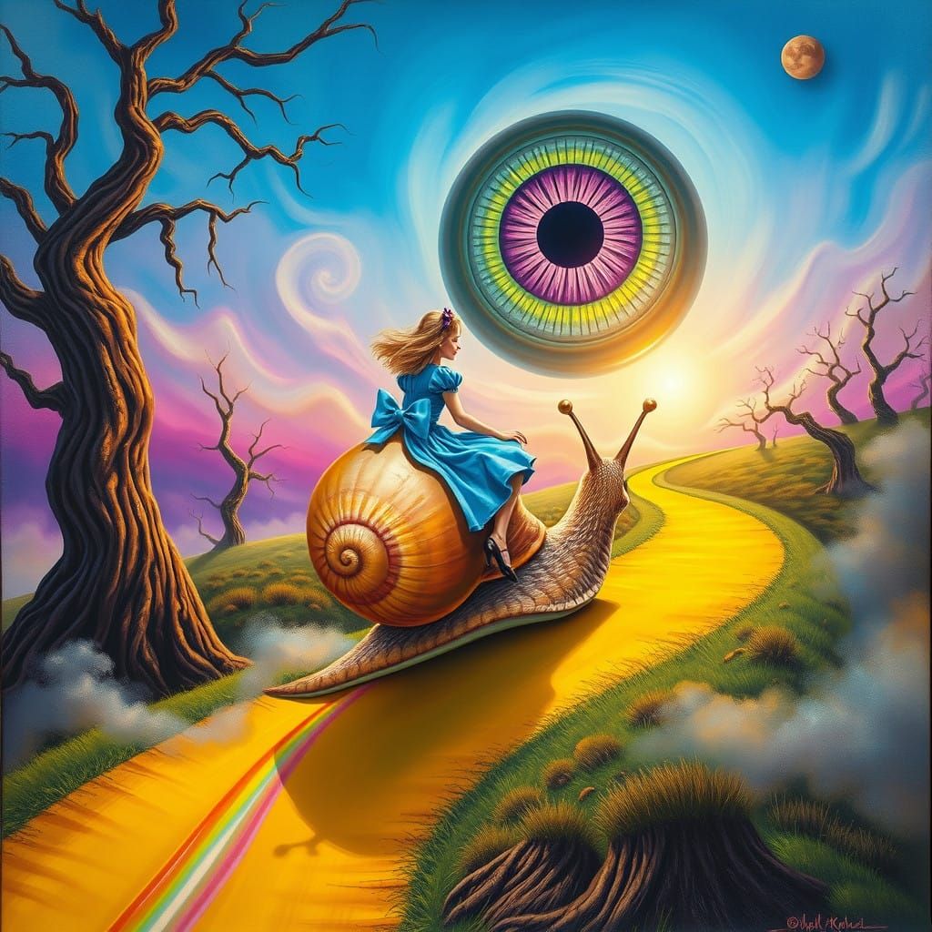 Vibrant Surrealist Scene of Alice on a Giant Snail Down a Ye...