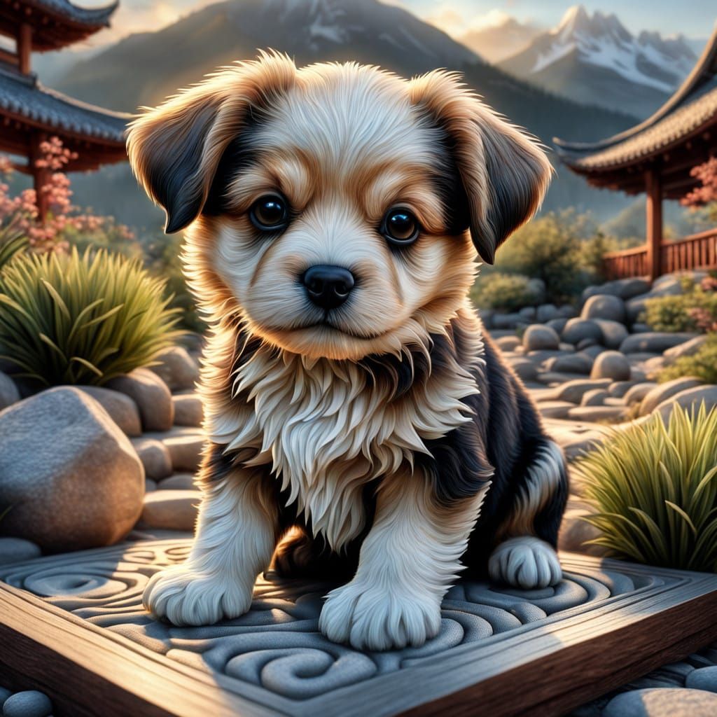 Cute Puppy Explores Zen Garden in Sunrise