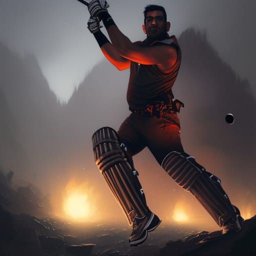 Dynamic Cricket Player in Dark Fantasy Style