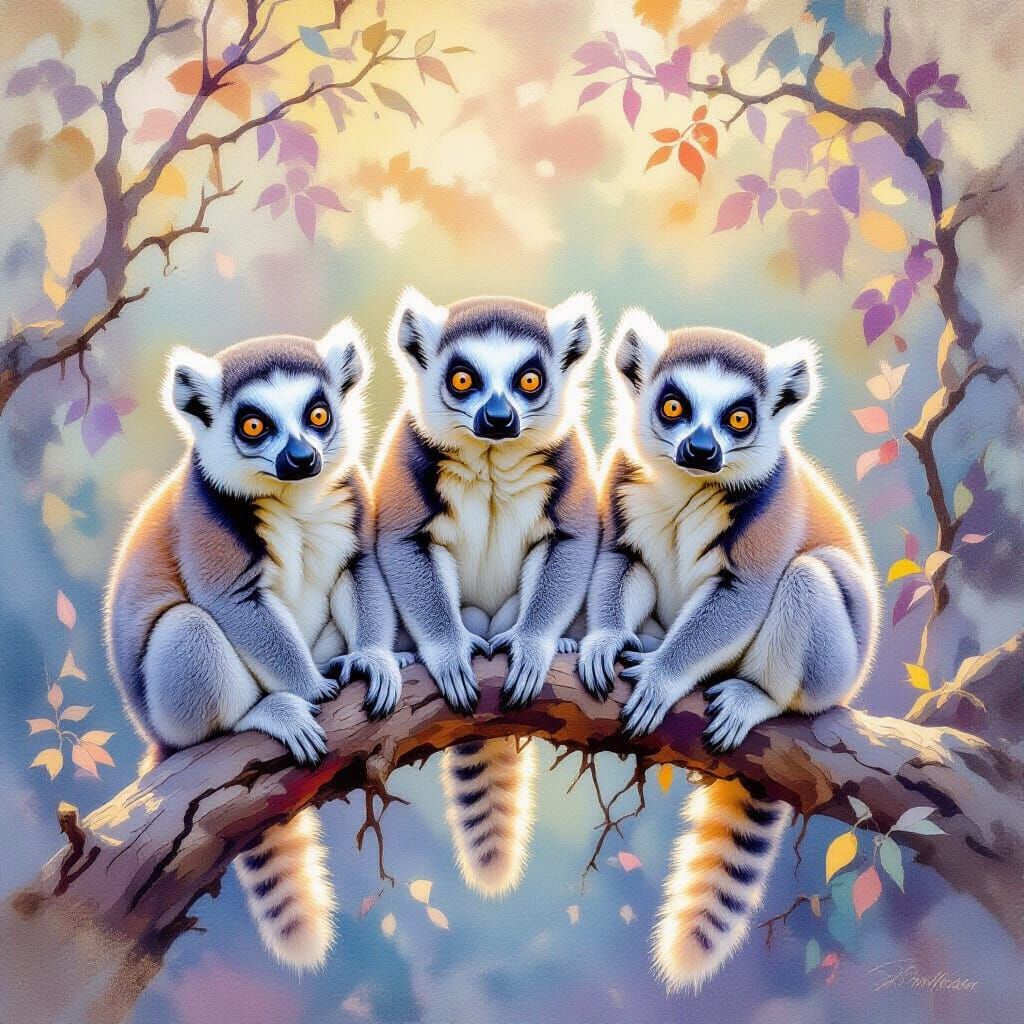 Three Fluffy Lemurs in Watercolor Style