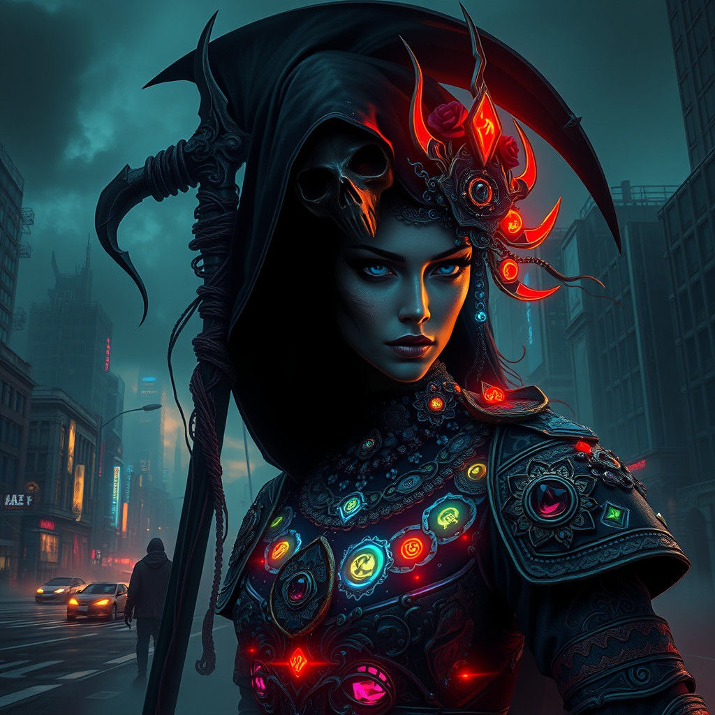 Grim Reaper and Cyberpunk Woman in Dystopian City