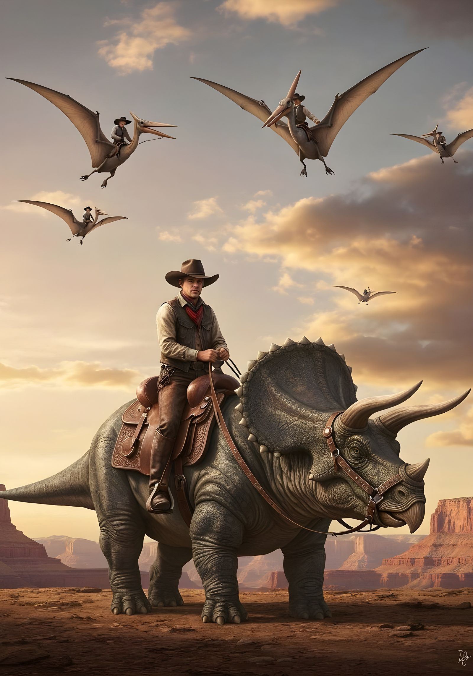 Cowboy Triceratops Riders in Southwest Sunset