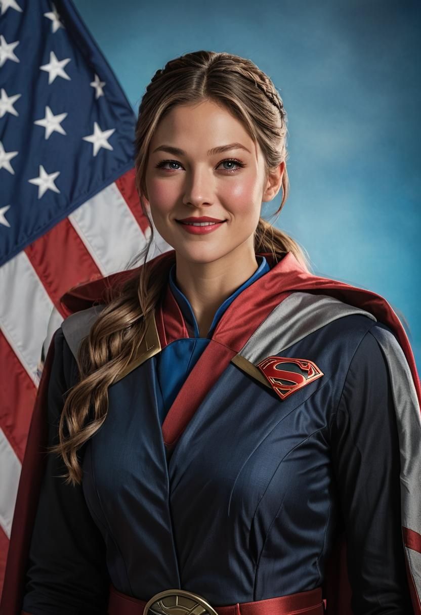 Female Soldier in Military Uniform Before American Flag