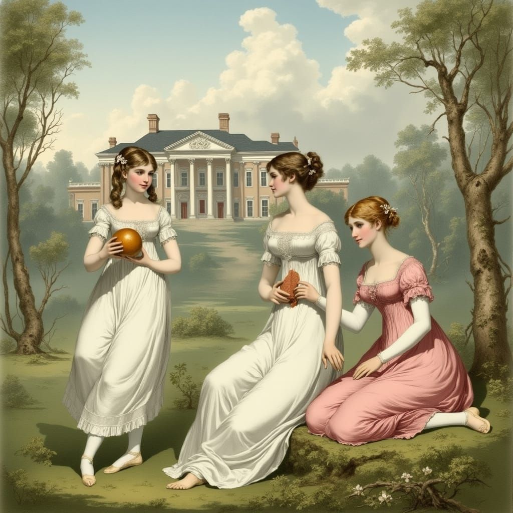 Girls Playing on a Regency Lawn with Palladian Mansion