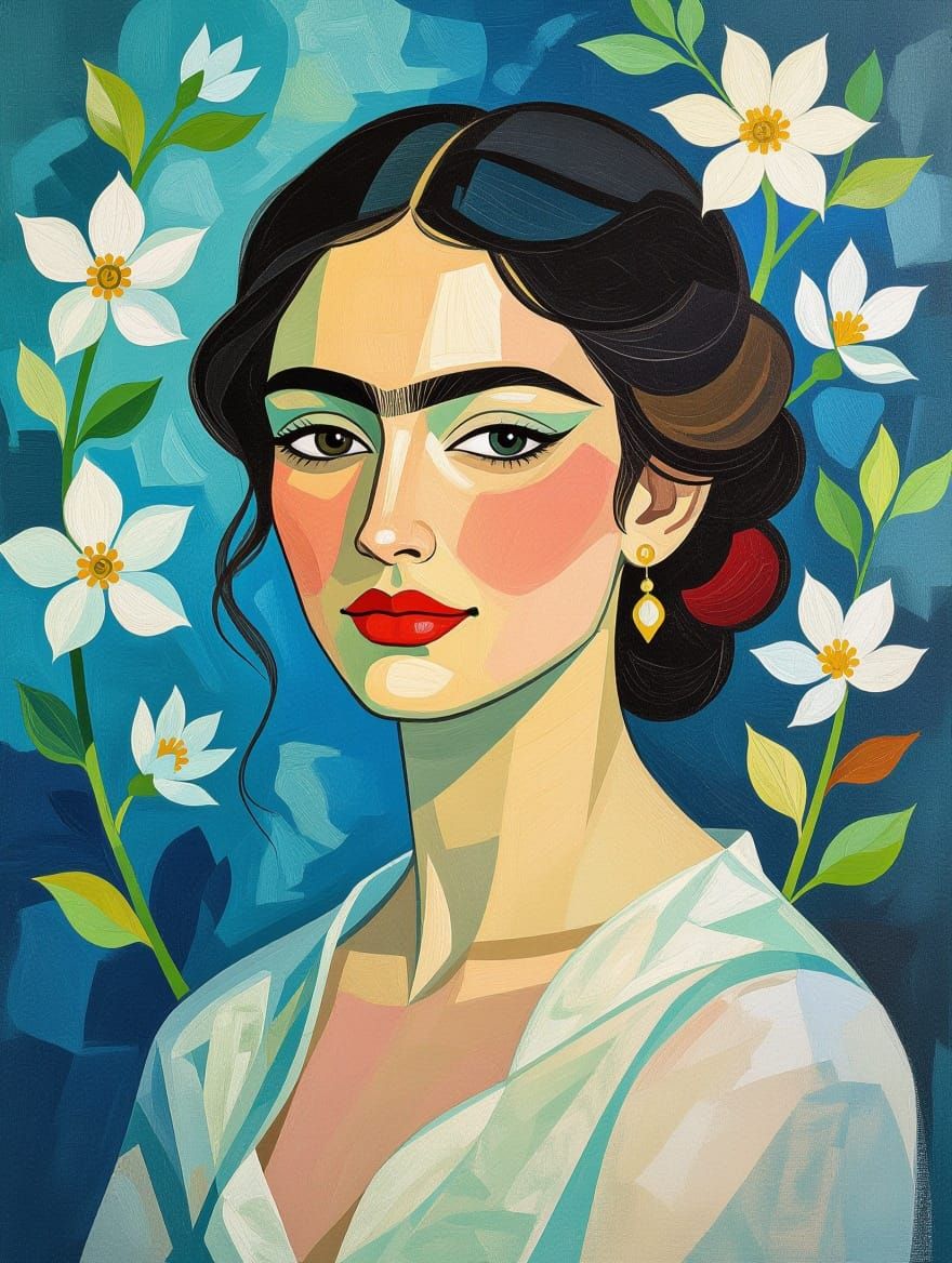 Floral Woman Portrait in Surreal Impasto Style