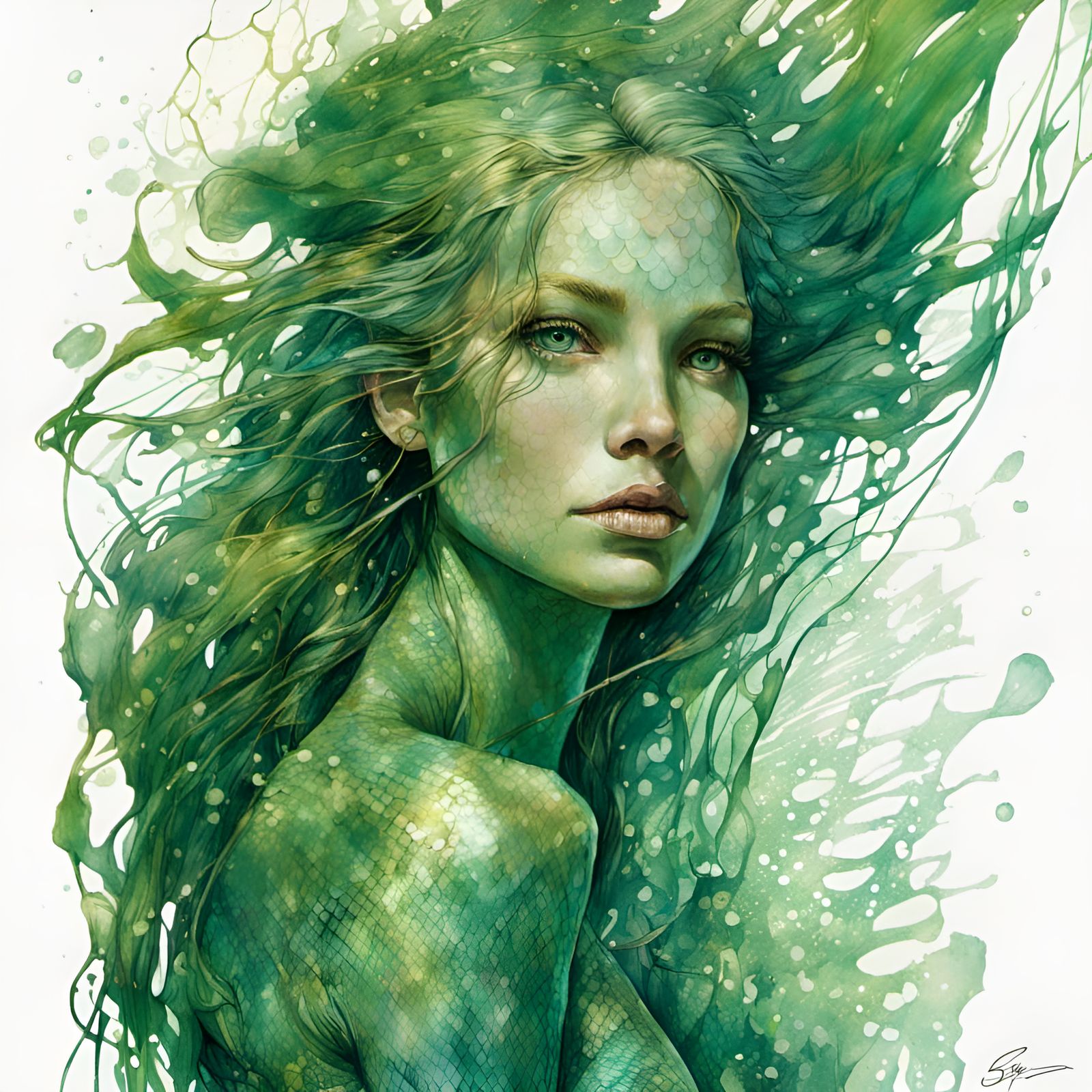 Green Mermaid with Iridescent Scales