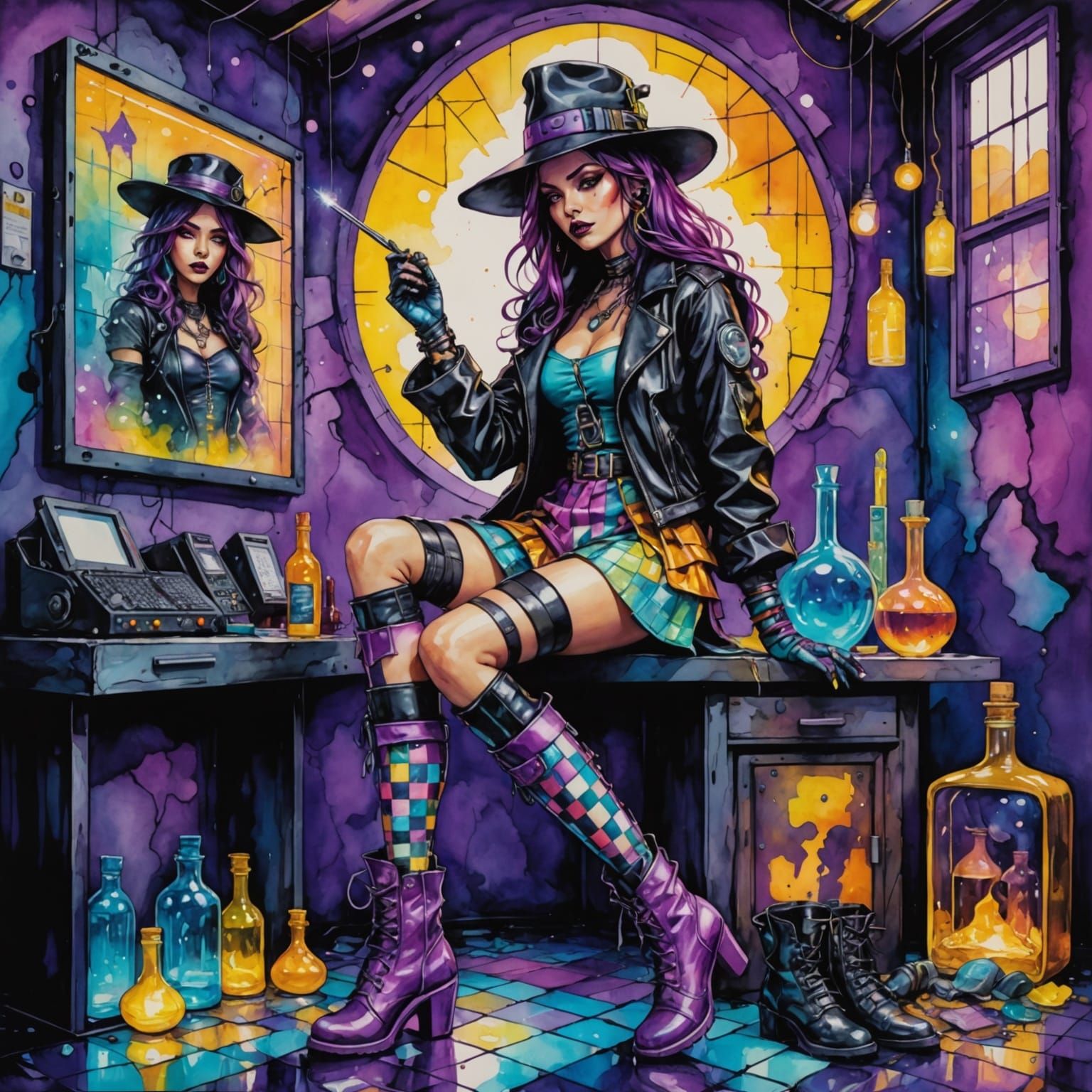 Vibrant Cyberpunk Wicca in Neon-Infused Workshop