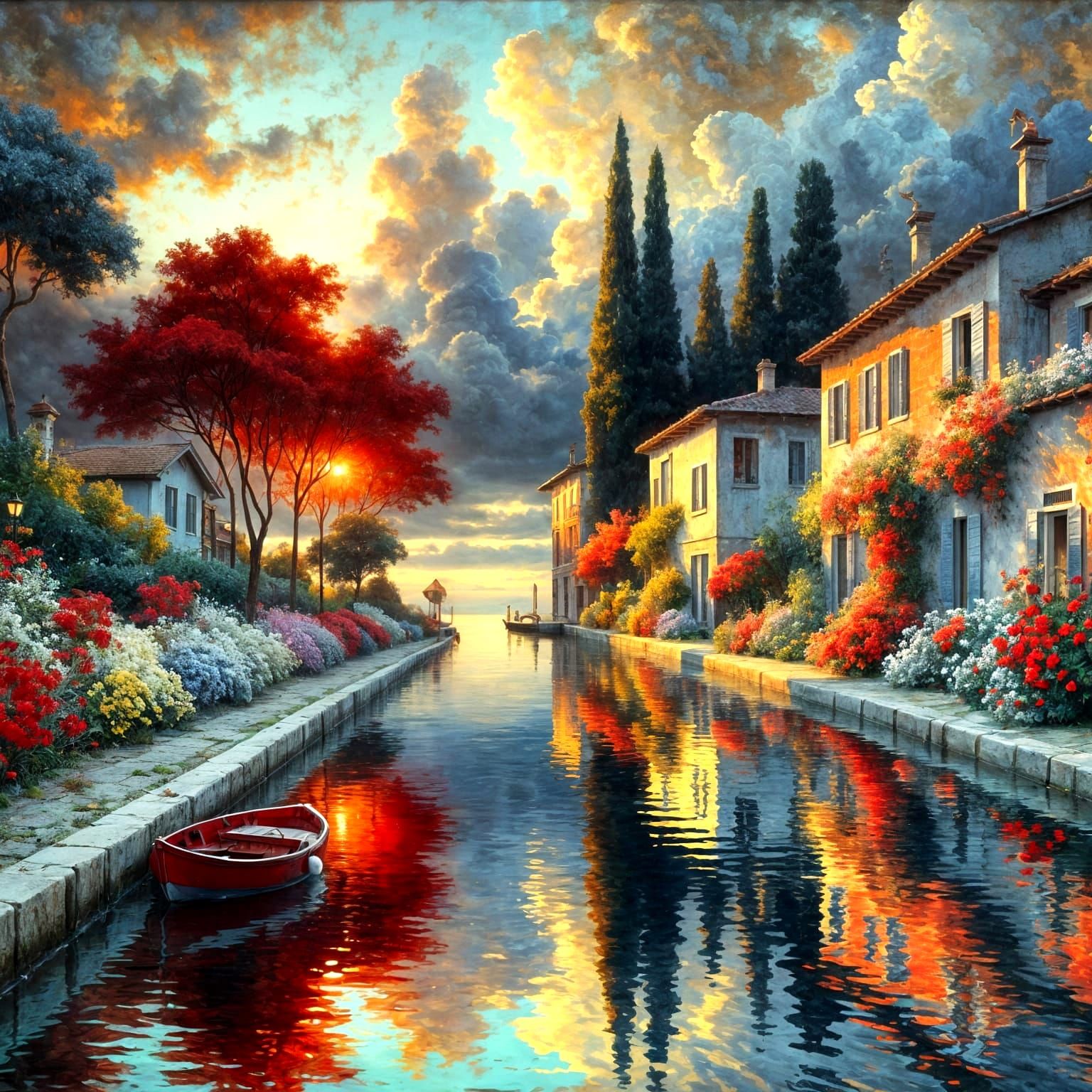 Dreamlike Red and Blue Seaside Village in Post-Impressionist...