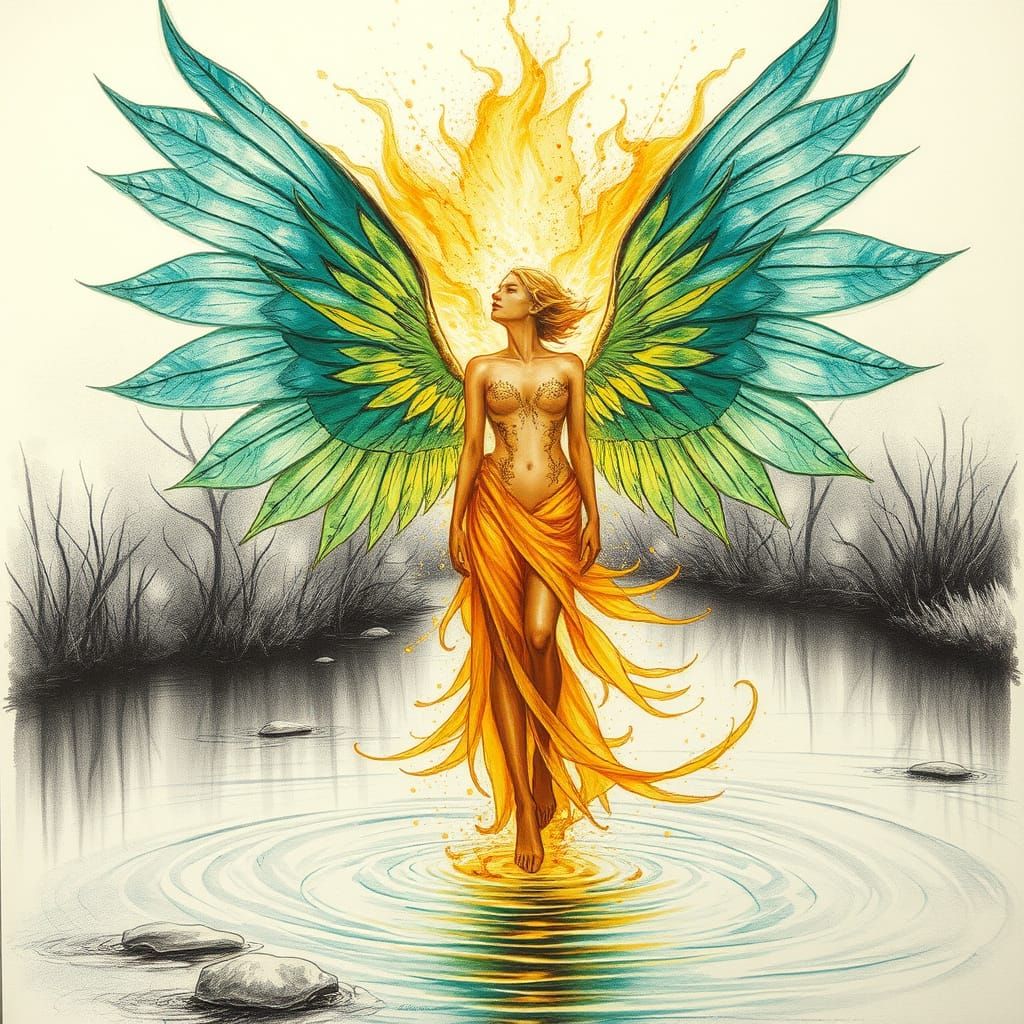 Ethereal Figure with Golden Body and Turquoise Wings