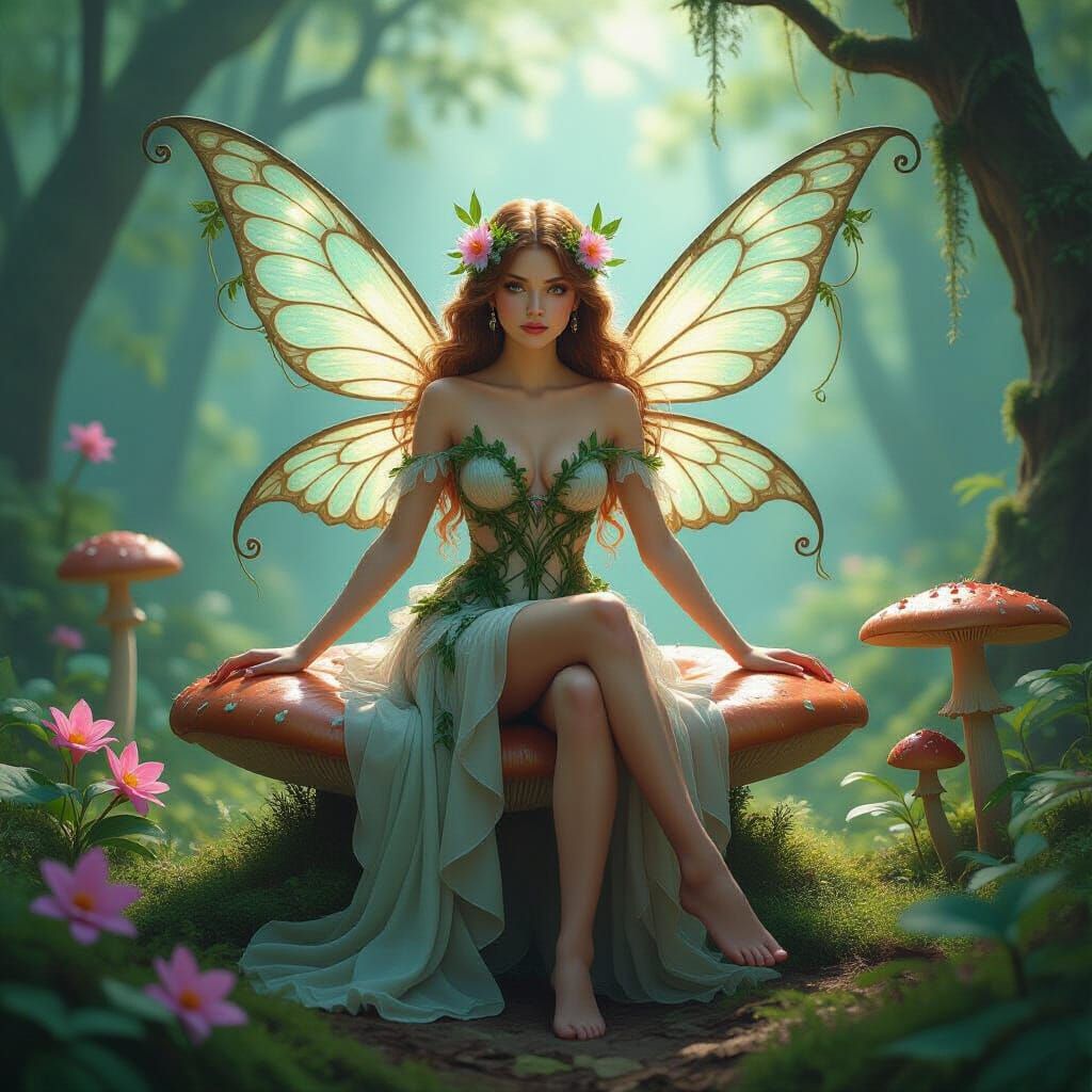 Woodland Sprite on Mushroom Throne, Art Nouveau Style