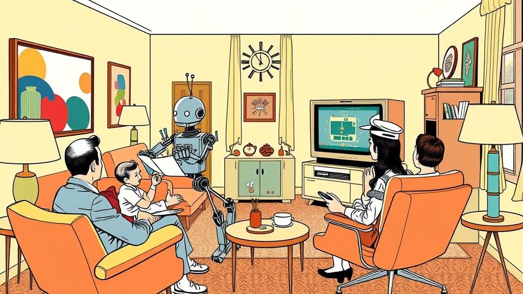 Retro-Futuristic Robot Doctor in Mid-Century Modern Home