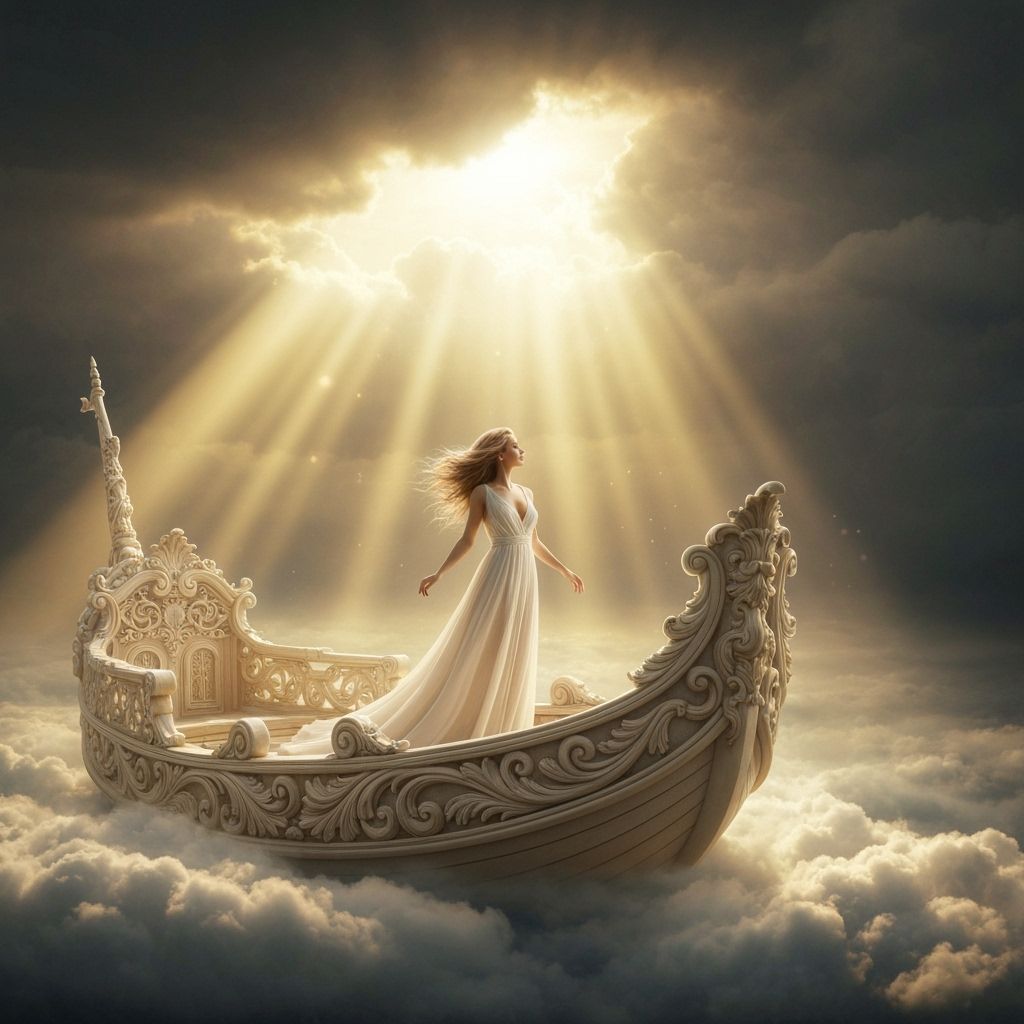 Ethereal Woman on Ornate Boat Sailing Cloud Sea