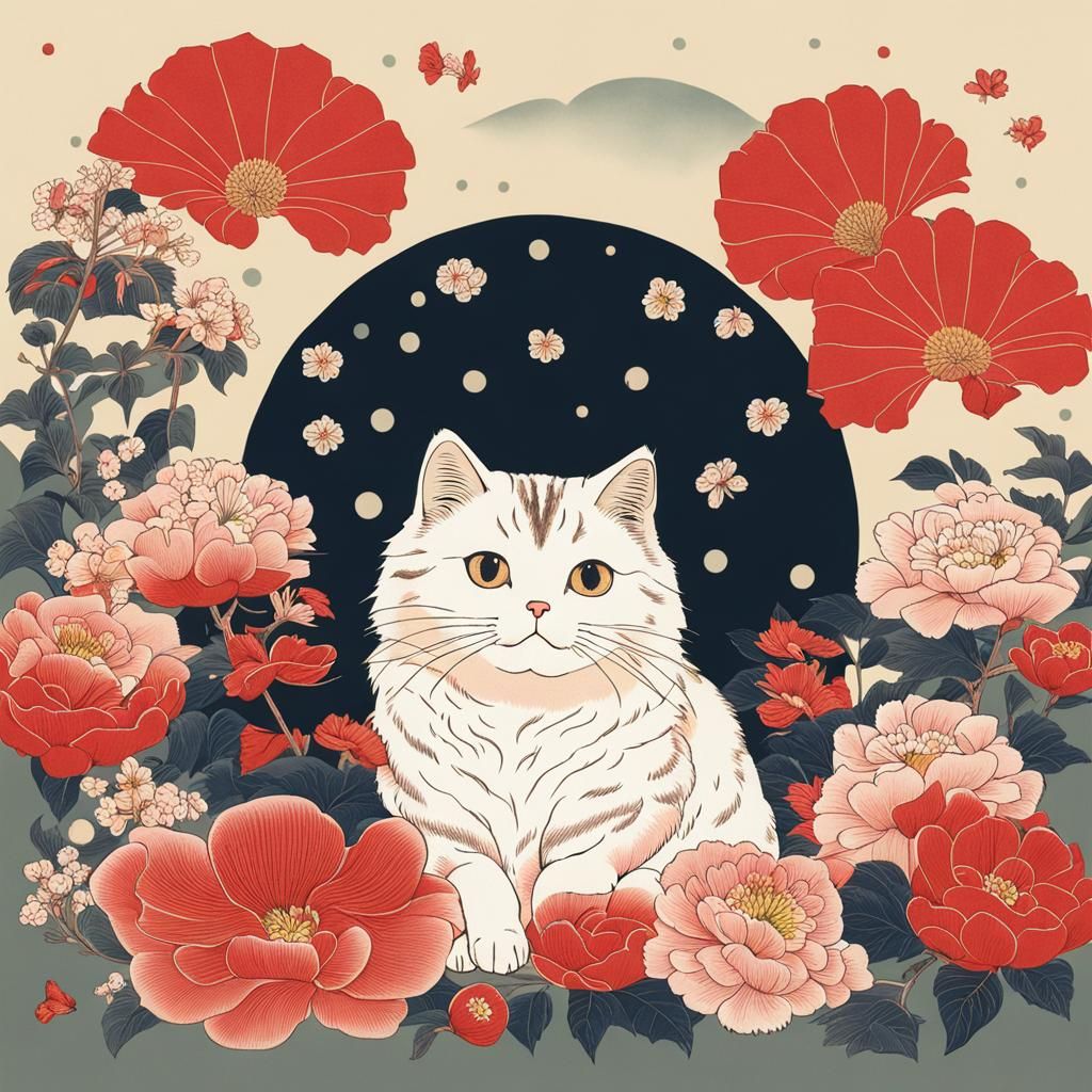 Cute Cat Surrounded by Flowers in Ukiyo-e Style