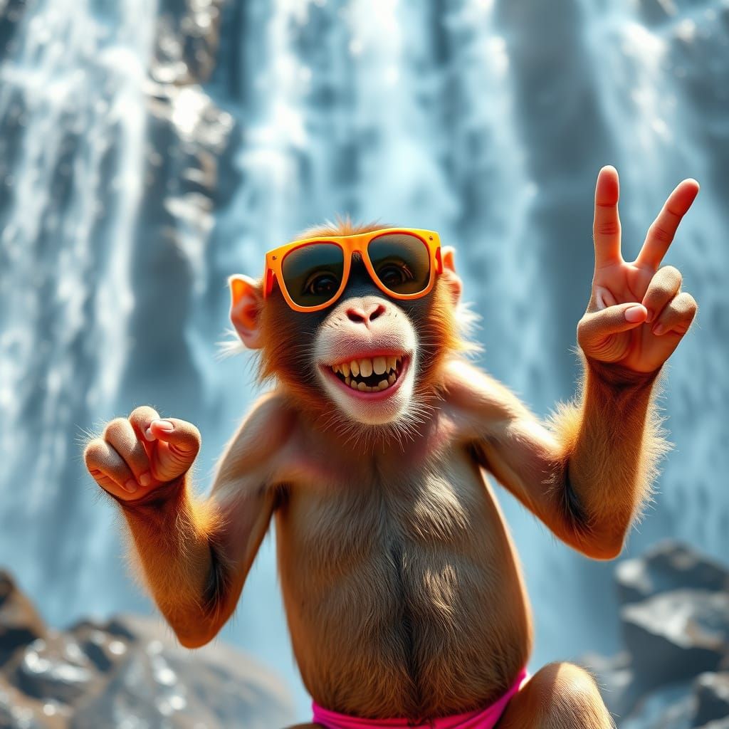 a monkey holding up a peace sign in front of a waterfall