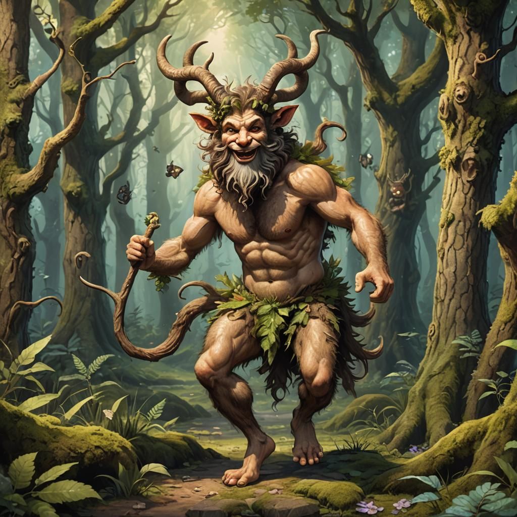 Happy Satyr Playing in Enchanted Forest