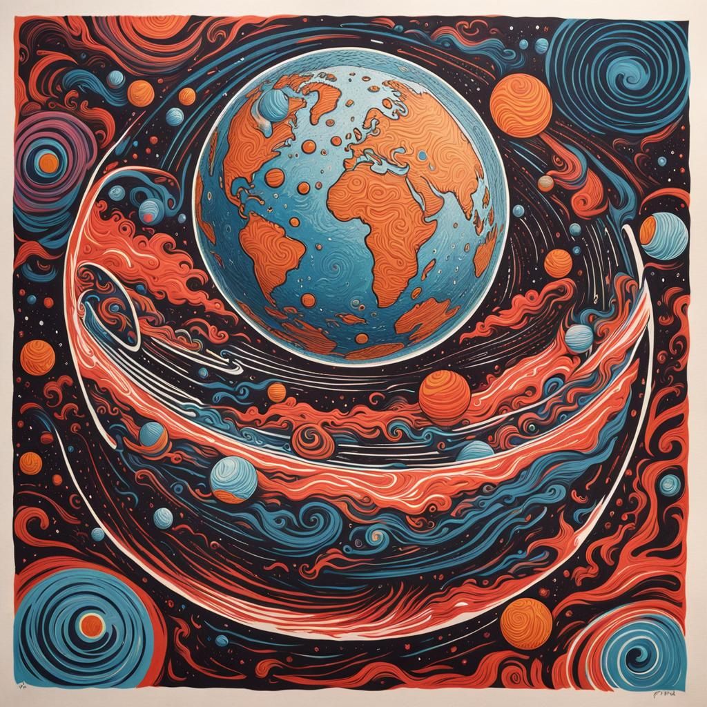 Earth and Satellites Linocut in Gouache Style