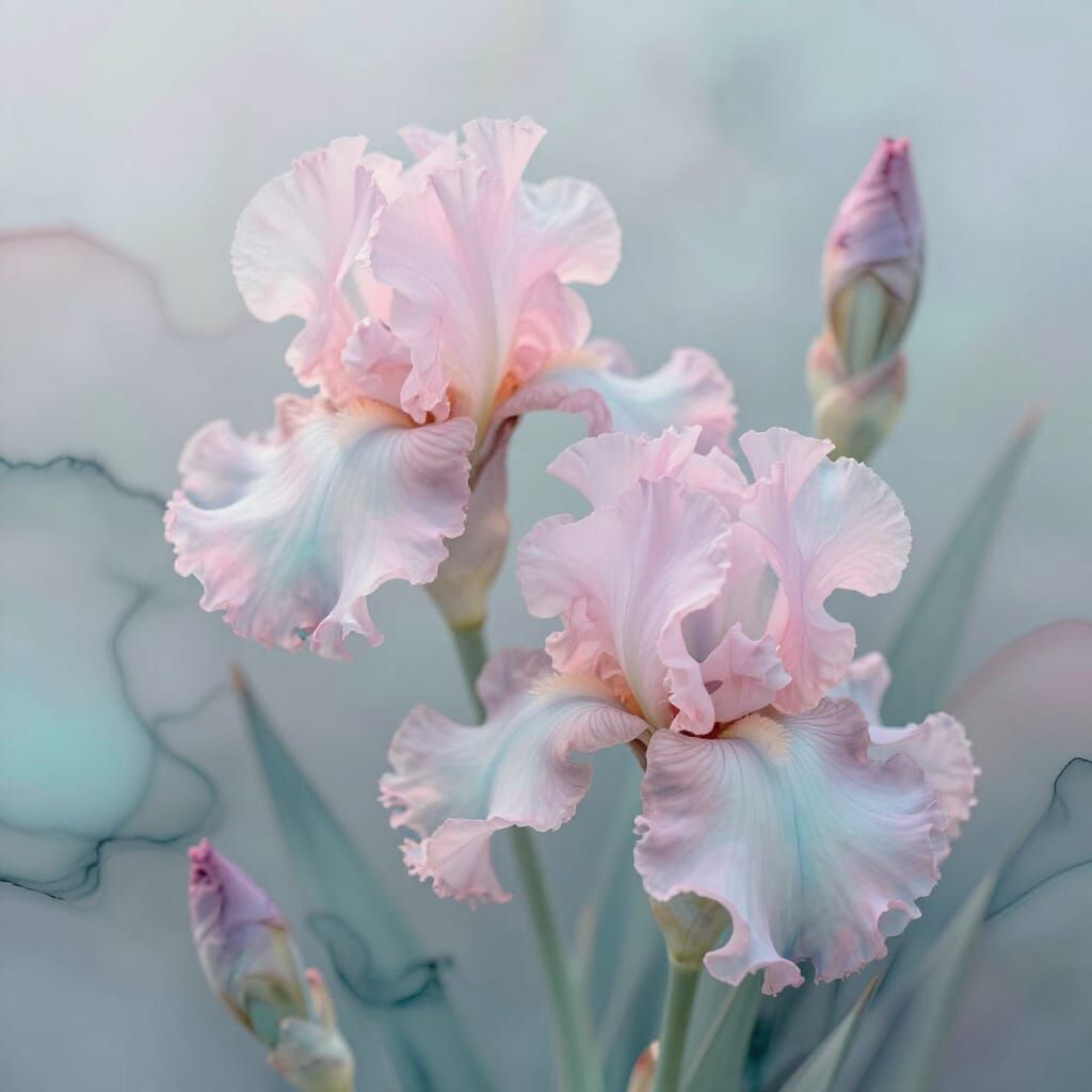 Dreamlike Alcohol Ink Irises in Soft Pink and Aqua