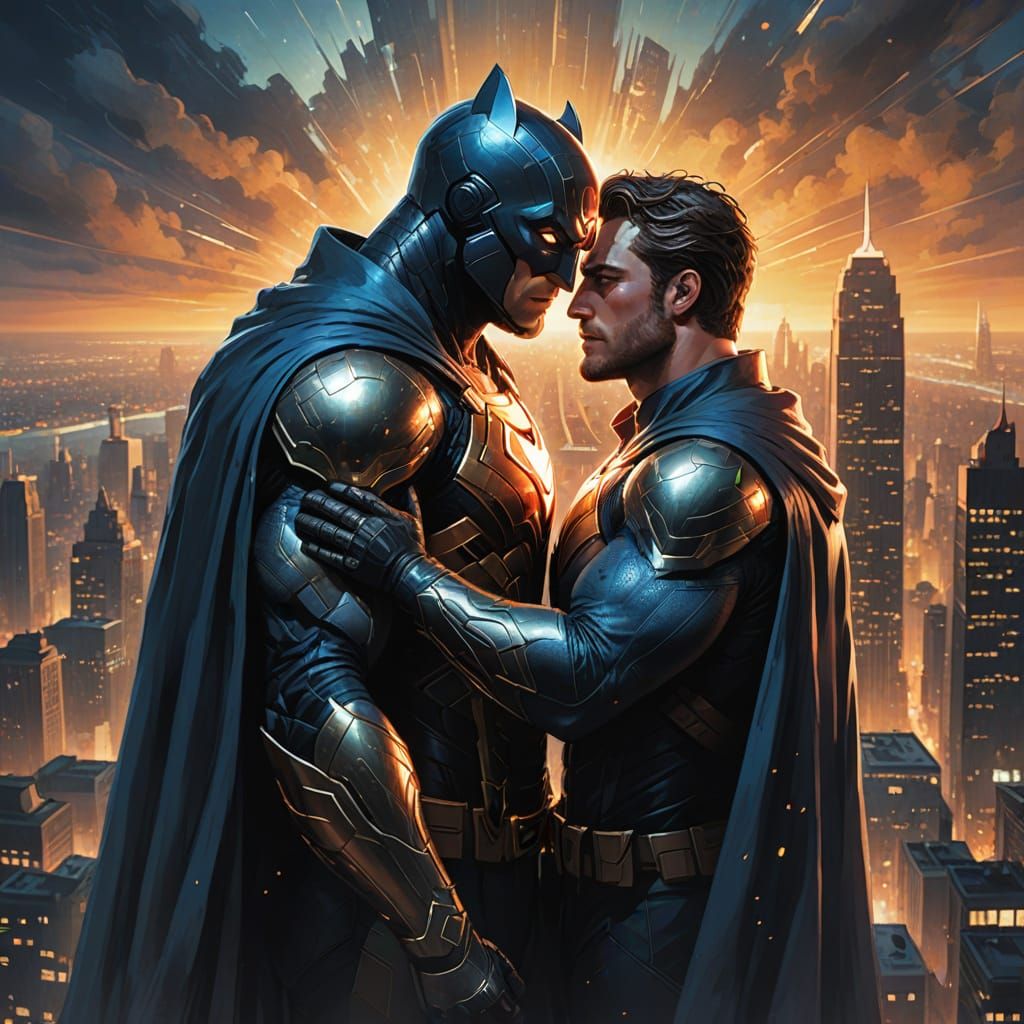 Superheroes Embrace Atop Skyscraper in Romantic Comic Art