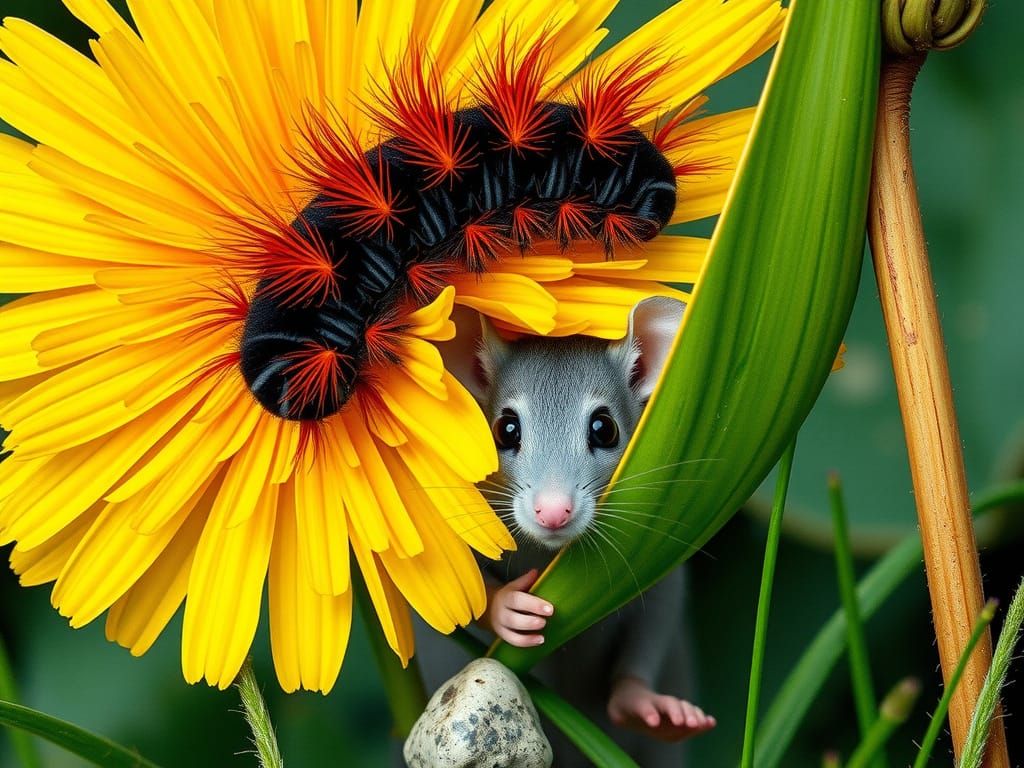 Dandelion Caterpillar and Mouse in Surrealist Style