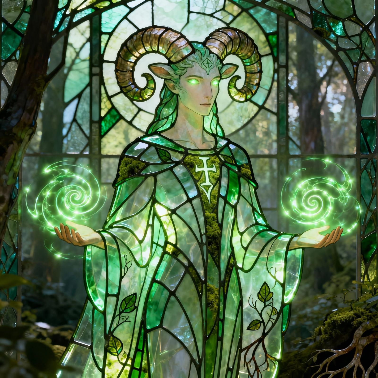 Art Nouveau Druid in Emerald Forest Clearing