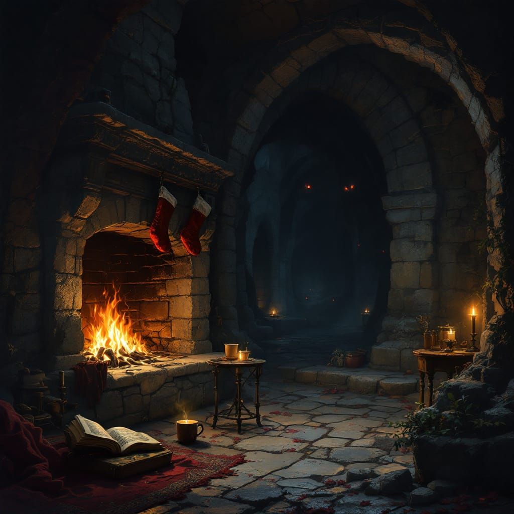 Cozy Crypt Corner with Fireplace and Stockings