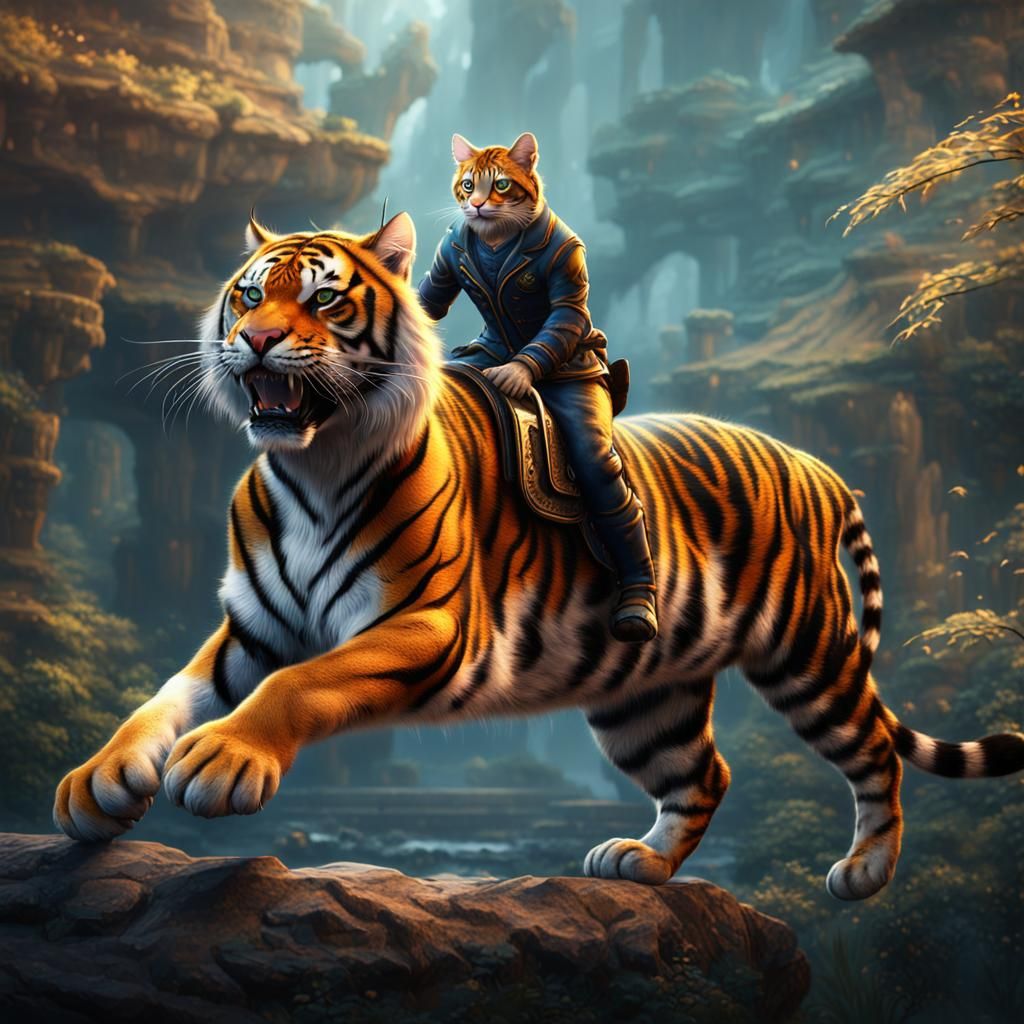 Tiger-Striped Cat Riding a Tiger: Fantasy Concept Art