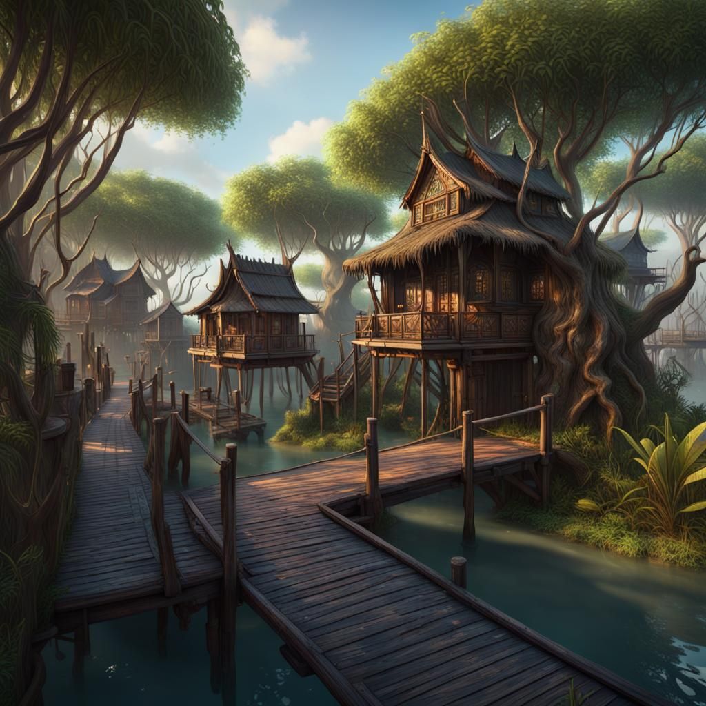 Enchanted Mangrove Village: Fantasy Concept Art