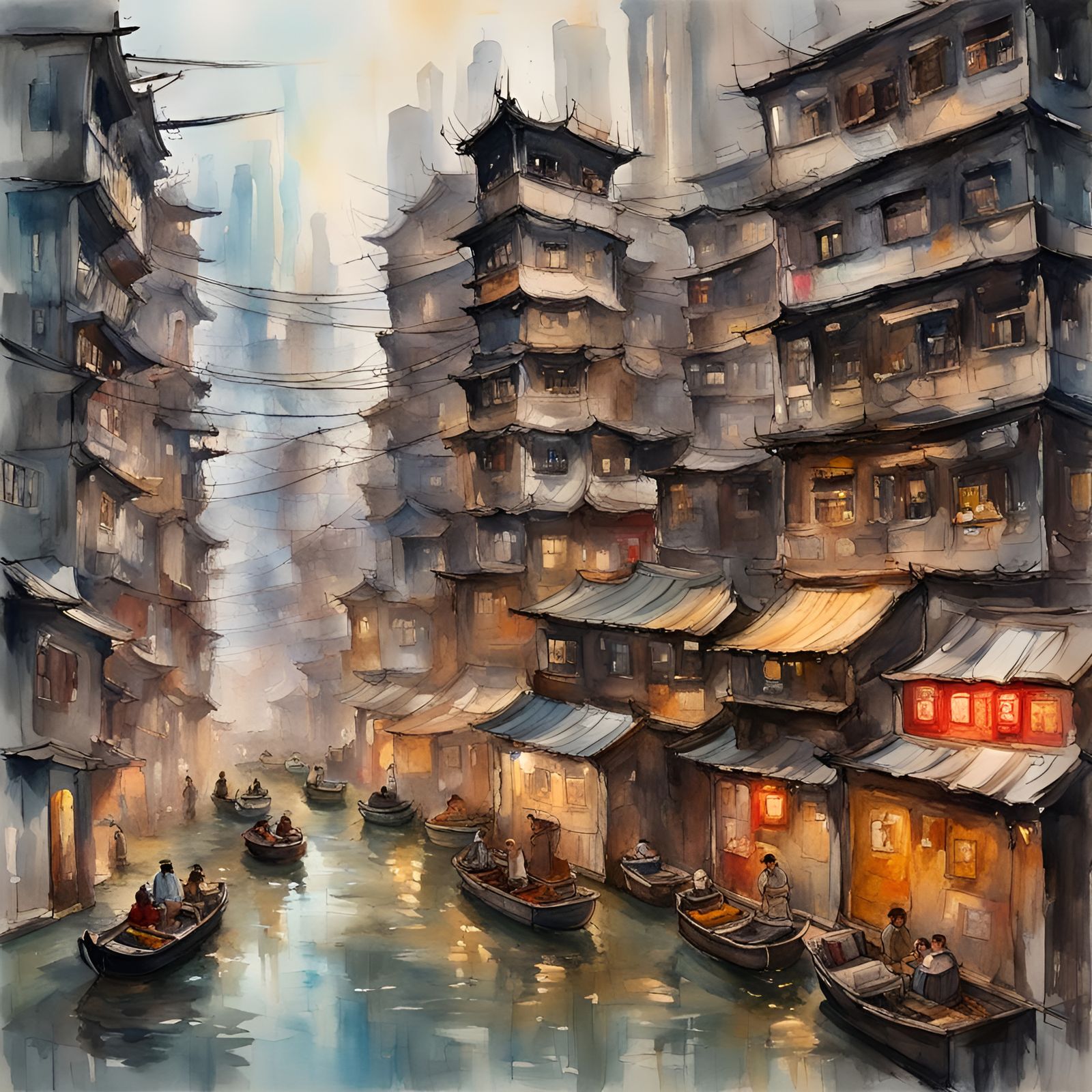 Kowloon Walled City in Gouache Watercolor Style